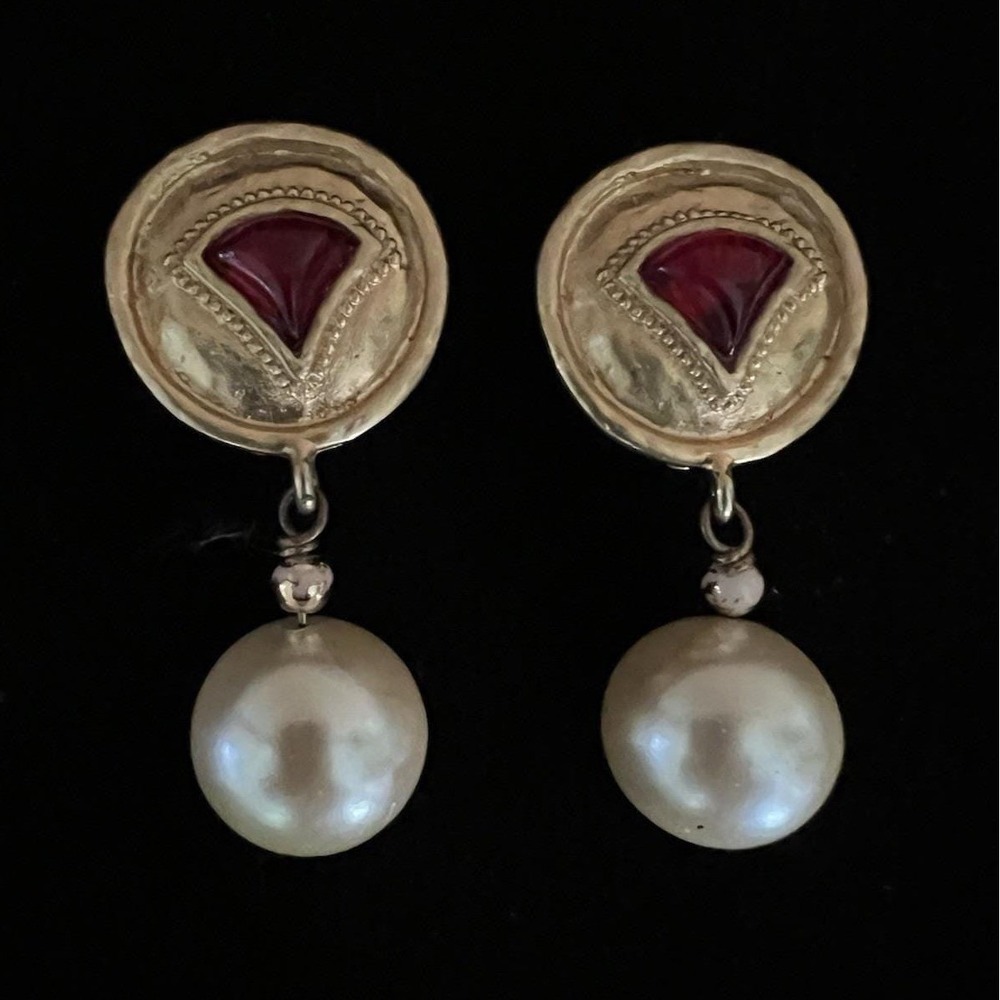 Les Bernard Vintage Gold Red Glass Faux Pearl Clip On Earrings  2.25" Regency